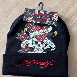 Ed Hardy 2 pack Black Beanie with Skull and Heart Design